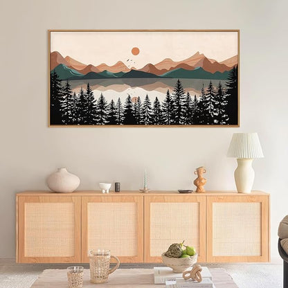 KAIRNE Vintage Mountain Lake Framed Canvas Wall Art Set, Mid Century Forest Wall Decor, Nature Pine Tree Art Prints, Modern Boho Sunset Artwork for Living Room,Bedroom,Farmhouse,Office-40 x20 x1