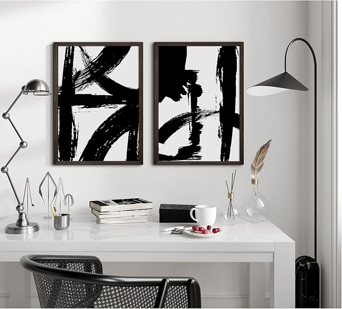 Black and White Wall Art Abstract Modern Painting Minimalist Line Canvas Wall Art Decor Black And White Poster Abstract Artwork Prints for Living Room Bedroom 16x24 Inch Framed Set of 2