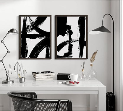 Black and White Wall Art Abstract Modern Painting Minimalist Line Canvas Wall Art Decor Black And White Poster Abstract Artwork Prints for Living Room Bedroom 16x24 Inch Framed Set of 2