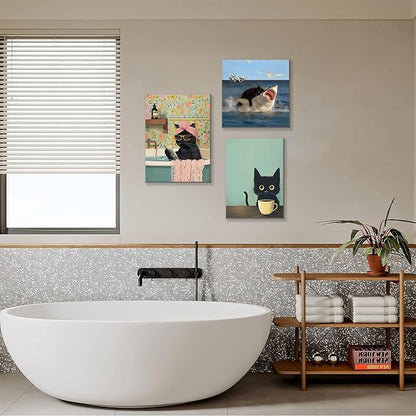 Yaneiro Funny Black Cat Bathroom Canvas Bathroom Wall Art Framed Cute Cat Prints Pictures Posters Wall Decor for Living Room Bedroom Toilet Kids Room Wall Paintings 16x24 in