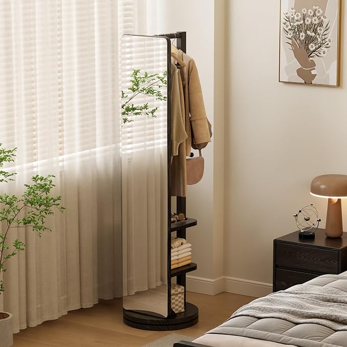 WoodsWhisper Full Length Mirror Coat Rack Solid Wood Floor Mirror 66"x12" Full Length Mirror with Stand Long Mirrors for Bedroom,Living Room (Black, 66" Lx12 W)