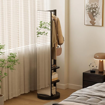 WoodsWhisper Full Length Mirror Coat Rack Solid Wood Floor Mirror 66"x12" Full Length Mirror with Stand Long Mirrors for Bedroom,Living Room (Black, 66" Lx12 W)