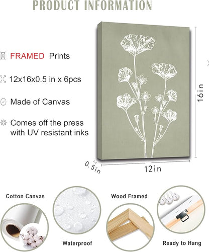 Drsoum Vintage Botanical Wall Art Framed Boho Wall Art Decor Wooded Minimalist Print Modern Rustic Farmhouse Home Kitchen Decor 12x16inx6pcs