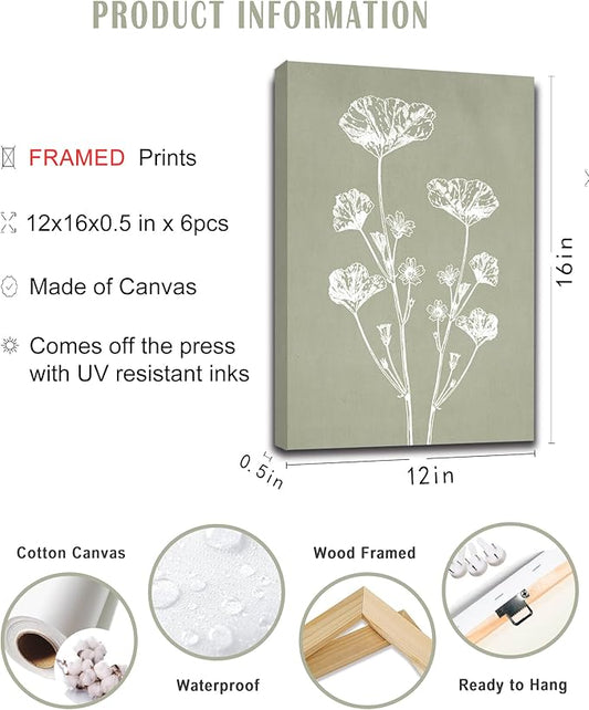 Drsoum Vintage Botanical Wall Art Framed Boho Wall Art Decor Wooded Minimalist Print Modern Rustic Farmhouse Home Kitchen Decor 12x16inx6pcs