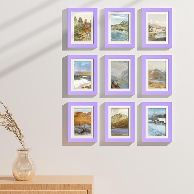 Vittanly 5x7 Picture Frames Set of 9, Display 4x6 Pictures with Mat or 5x7 without Mat, Photo Frames for Wall or Tabletop with Plexiglass, Engineered Wood, Purple