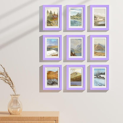 Vittanly 5x7 Picture Frames Set of 9, Display 4x6 Pictures with Mat or 5x7 without Mat, Photo Frames for Wall or Tabletop with Plexiglass, Engineered Wood, Purple
