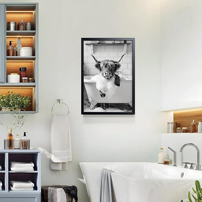 Highland Cow Bathroom Wall Art, Cute Black and White Animal Wall Decor Painting, Highland Cow in Bathtub Farmhouse Canvas Print Picture, Funny Bathroom Restroom Decor 12x16 Inch Wood Framed