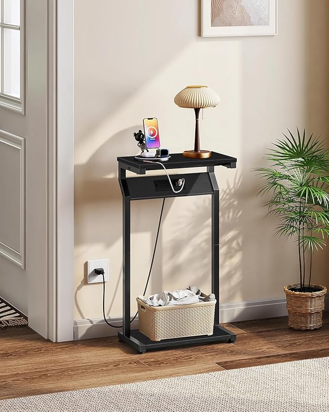 CHOEZON Narrow Side Table with Charging Station, 27" Skinny End Table for Small Spaces, Couch Table with Storage, Slim Tray Table with USB Ports, for Living Room, Bedroom, Black TBZ27UBB