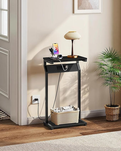 CHOEZON Narrow Side Table with Charging Station, 27" Skinny End Table for Small Spaces, Couch Table with Storage, Slim Tray Table with USB Ports, for Living Room, Bedroom, Black TBZ27UBB