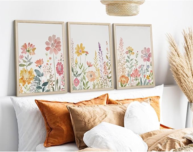 Watercolor Wildflower Wall Art Decor Colorful Flower Pictures Canvas Floral Botanical Wall Art Vintage Prints Poster Floral Painting Artwork for Living Room Bedroom 12x16 Inch Framed Set of 3