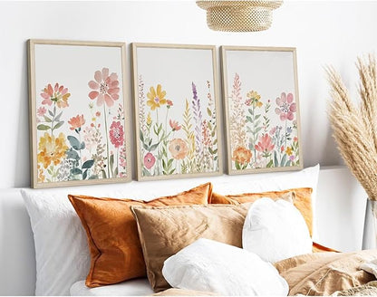 Watercolor Wildflower Wall Art Decor Colorful Flower Pictures Canvas Floral Botanical Wall Art Vintage Prints Poster Floral Painting Artwork for Living Room Bedroom 12x16 Inch Framed Set of 3