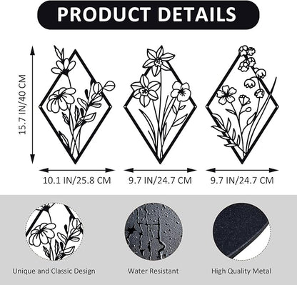 ShxTrade 3 Pcs Metal Flowers Wall Arts, Rustic Farmhouse Decor Minimalist Flower Wall Decors Natural Themed Home Decorations for Bathroom Kitchen Living Room Bedroom (Black)