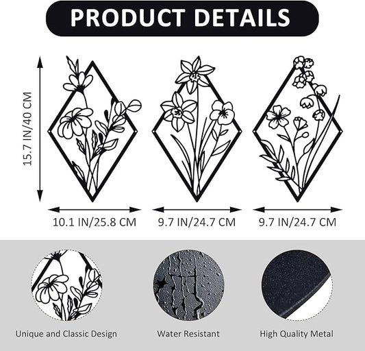 ShxTrade 3 Pcs Metal Flowers Wall Arts, Rustic Farmhouse Decor Minimalist Flower Wall Decors Natural Themed Home Decorations for Bathroom Kitchen Living Room Bedroom (Black)