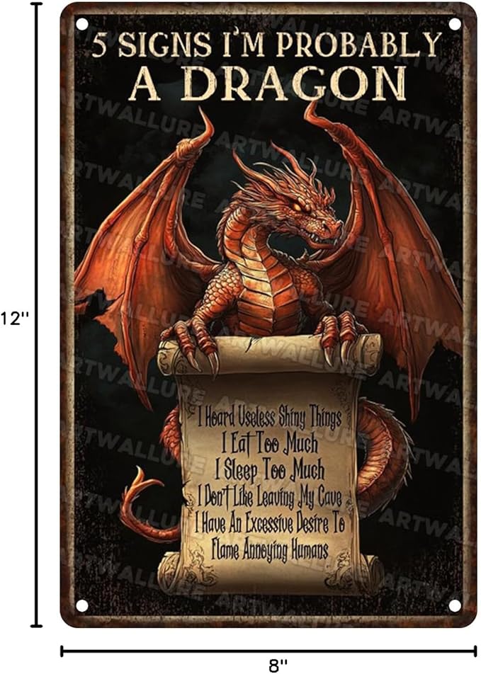 Dragon Wall Art 5 Signs I'm Probably A Dragon Metal Sign Vintage Room Decor & Funny Plaque for Man Cave Tabletop Game Room Medieval Gifts & Boys Room Decor 8x12