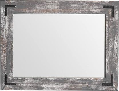 YOSHOOT Rustic Wooden Framed Wall Mirror, 48"x30", Natural Wood Bathroom Vanity Mirror for Farmhouse Decor, Vertical or Horizontal Hanging
