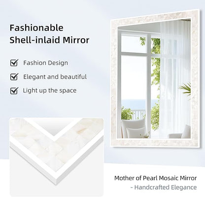 Tanmicoshomy White Shell Framed Rectangular Mirrors for Bathroom, 30x40 Inch Mirrors with Tempered Glass for Bedroom Living Room or Entryway, Wall Mounted Horizontal or Vertical Hanging