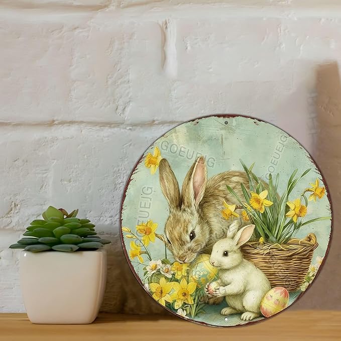 Easter Floral Wreath Metal Sign Round Bunny Design Rustic Farmhouse Decor For Spring Home Door Wall Seasonal Display 12X12Inch