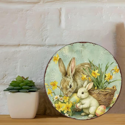 Easter Floral Wreath Metal Sign Round Bunny Design Rustic Farmhouse Decor For Spring Home Door Wall Seasonal Display 12X12Inch