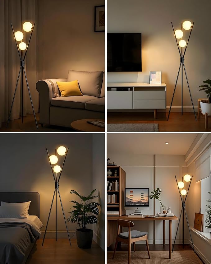 Lightdot 60IN Dimmable Black Tripod Floor Lamp Mid Century Standing Lamps with 3Pcs 3000K Bulbs Included Eye Care&Stable Base Modern Tall Lamp for Living Room/Sofa Beside/Corner Decor