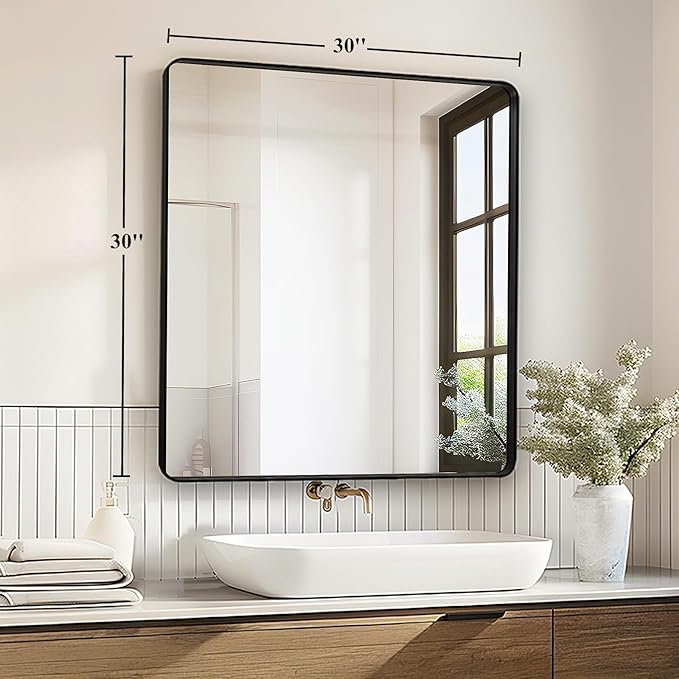 30x30 Inch Bathroom Mirrors for Over Sink - Black Metal Framed Square Mirror for Bathroom, Black Wall Mounted Vanity Mirrors for Restroom, Entryway, High-Definition