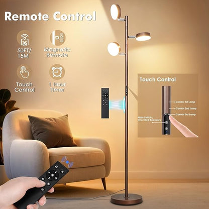 Tree Floor Lamp for Living Room - Modern Brown Standing Lamp, LED Floor Light with Remote & Touch, 3000K-6000K Dimmable for Bedroom Office Reading (3 Head)