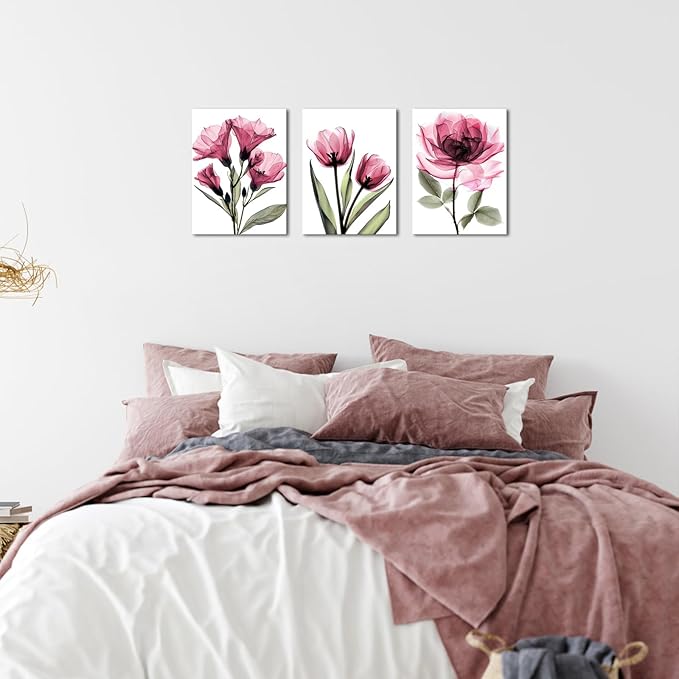 KREATIVE ARTS 3 Piece X-Ray Flower Canvas Wall Art - Abstract Transparent Floral Prints, Elegant Artwork for Living Room, Ready to Hang, 12x16'' Each (Pink)