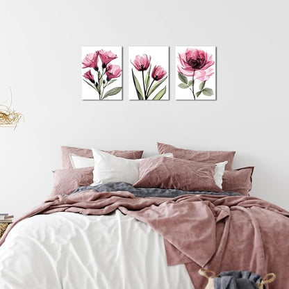 KREATIVE ARTS 3 Piece X-Ray Flower Canvas Wall Art - Abstract Transparent Floral Prints, Elegant Artwork for Living Room, Ready to Hang, 12x16'' Each (Pink)