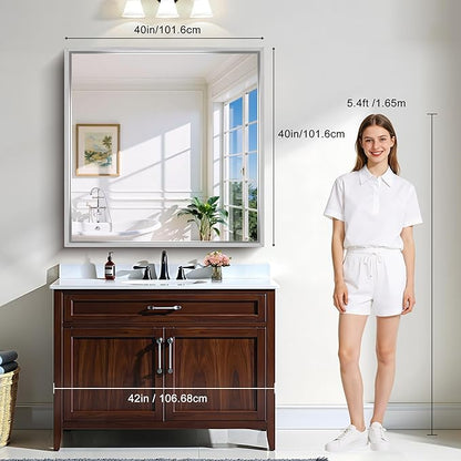 CIRCUMI 40"x40" Brushed Silver Mirror with Chunky Box Metal Frame, Bathroom Mirror for Vanity Remodel & New Home, Living Room, Entryway, Rectangular Wall Mirror, Tempered Glass, Vertical or Horizontal
