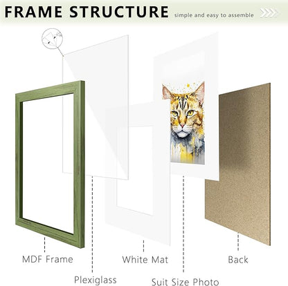 Picrit 12x16 Picture Frame Set of 12, Display 8.5x11 with Mat or 12x16 without Mat, Photo Frames for Wall Mounting Display, Green Wood Grain