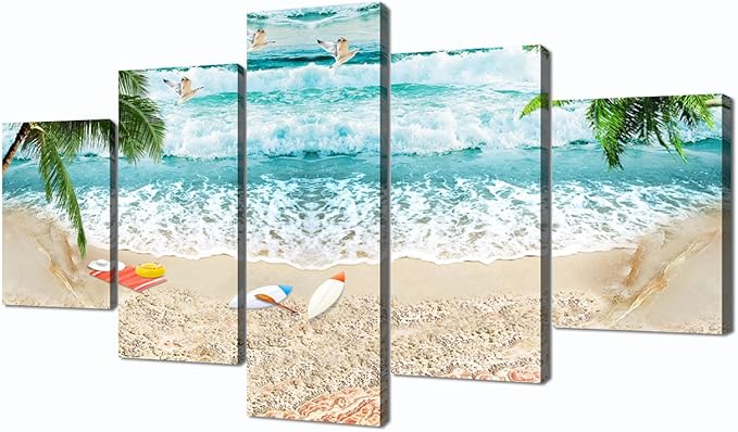 Surfing Seascape Landscape Paintings Canvas Wall Art for Living Room Bedroom Home Decor Waves Beach Picture Modern 5 Piece Framed Stretched Gallery Wrap Giclee Prints and Posters (60''W x 32''H)