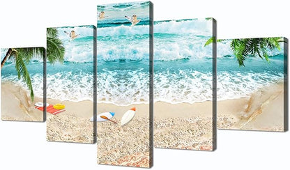 Surfing Seascape Landscape Paintings Canvas Wall Art for Living Room Bedroom Home Decor Waves Beach Picture Modern 5 Piece Framed Stretched Gallery Wrap Giclee Prints and Posters (60''W x 32''H)