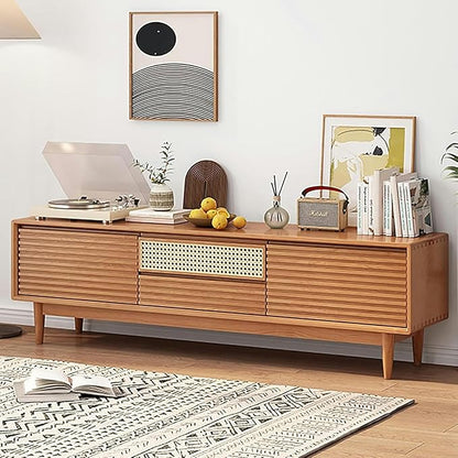 TV Stand TV Stand, Modern Entertainment Center, TV-Console with Cable Hole, Wood TV Cabinet, No Assembly Required, TV Tables with Storage, for Living Room, Bedroom(Black,Wood Leg)