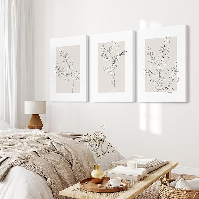 Youillne Neutral Botanical Prints Wall Art Flower Minimalist Canvas Wall Decor Vintage Line Wall Art Floral Plant Painting Pictures Beige Boho Artwork Farmhouse Poster for Bedroom 24x36 Inch Set of 3