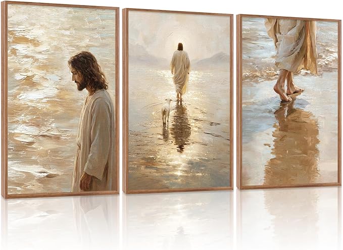 KAlRNE Jesus Walking On Water Wall Art Set of 3(16”X24”),Christian Bible Wall Decor,Neutral Spiritual Gold Framed Canvas Paintings,Lost Sheep Art Prints For Living Room Bedroom Church Office