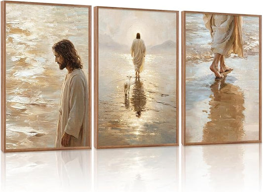 KAlRNE Jesus Walking On Water Wall Art Set of 3(24”X36”),Christian Bible Wall Decor,Neutral Spiritual Gold Framed Canvas Paintings,Lost Sheep Art Prints For Living Room Bedroom Church Office