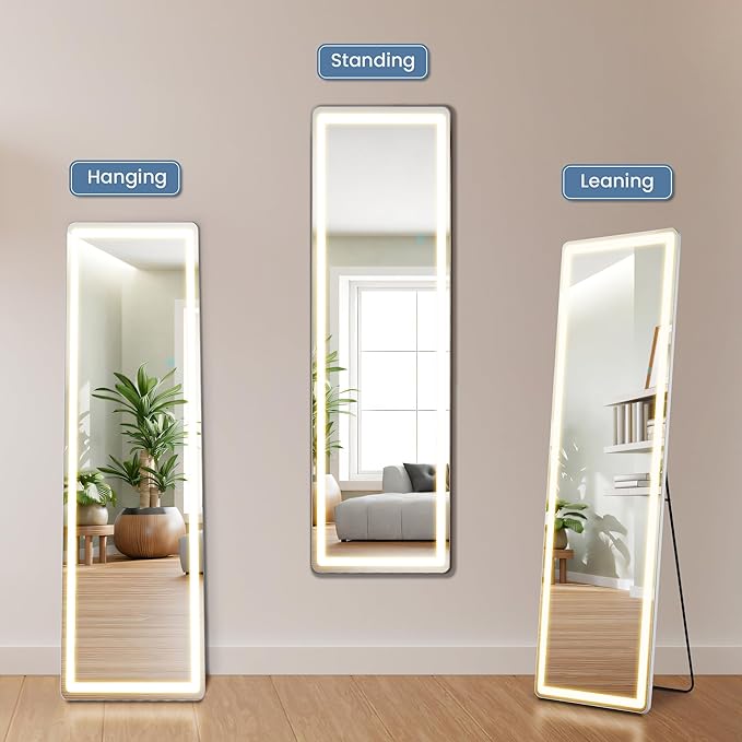 DUMOS 16"×60" LED Full Length Mirror with Lights, Lighted Floor Full Body Mirror with 3 Color Lighting, Wall Mounted Stand Mirror for Bedroom, Dressing Room, Living Room, Bathroom