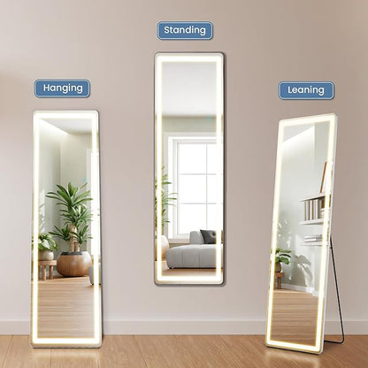 DUMOS 16"×60" LED Full Length Mirror with Lights, Lighted Floor Full Body Mirror with 3 Color Lighting, Wall Mounted Stand Mirror for Bedroom, Dressing Room, Living Room, Bathroom