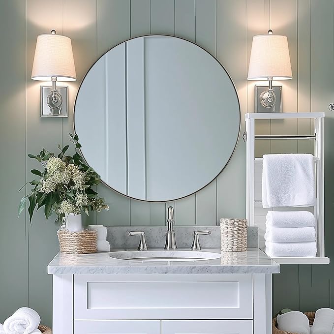 ANDY STAR 28" Brushed Nickel Bathroom Mirror, Round Brushed Nickel Vanity Mirror, Silver Circular Mirror in Stainless Steel Metal Frame for Wall Decor, Living Room, Powder Room