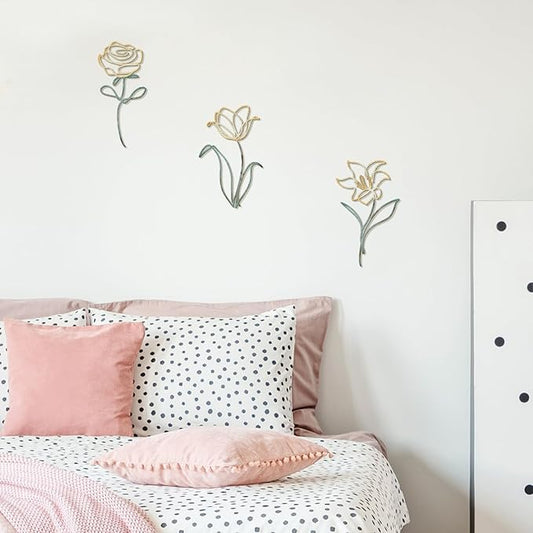 Oubasa Metal Flowers Wall Art Set of 3, Farmhouse Floral Home Decoration, Modern Line Art Flower Wall Decor for Living Room Bedroom Bathroom, Minimalist Botanical Wall Sculpture – Lily, Tulip, Rose