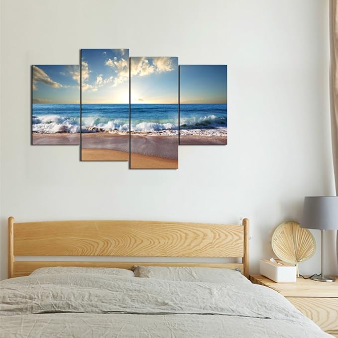 Yatsen Bridge Modern Landscape Painting on Canvas 4 Piece Beach Ocean Pictures Wall Art for Living Room Home Decor Wooden Framed Stretched Ready to Hang (48’’W x 36’’H)