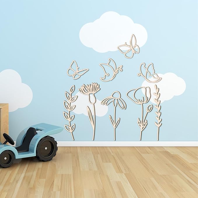 Novabright 9 Pcs Wooden Wildflower Wall Decor Boho Flower Cutout Nursery Decor Floral Sign Decal for Bedroom Living Room