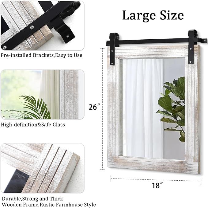 AAZZKANG Wall Mirrors Rustic Barn Door Mirror Large 26"x18" with Wood Framed Rectangle Decorative for Bedroom Bathroom Living Room Entryway Home Decor White