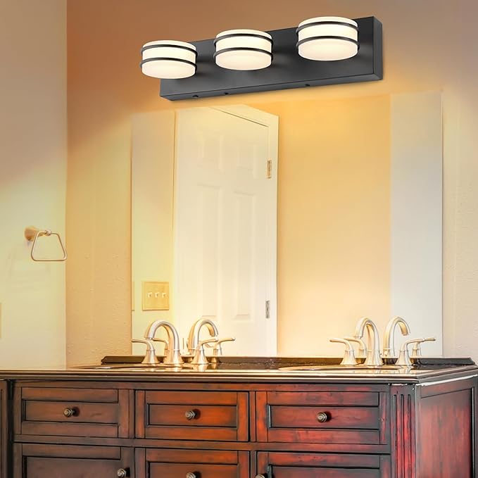 GOODATE 3 Color Temperature Dimmable Bathroom Light Fixtures Over Mirror, LED Black 3 Light Vanity Lighting Fixtures, Acrylic Stainless Steel Oval Shade Vanity Lights for Bathroom, ETL Certificated