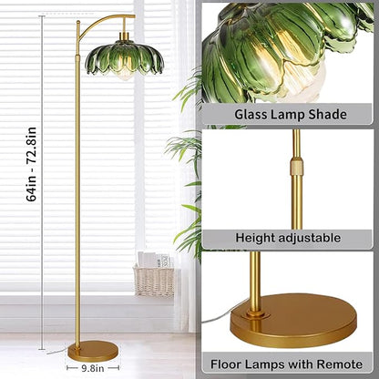 ZECOXOL Gold Floor Lamps for Living Room Vintage Green Floor Lamp with Remote Control & Glass Lampshape,Dimmable Mid Century Modern Standing Lamp Tall Flower Lamp Brass Floor lamp for Bedroom Corner