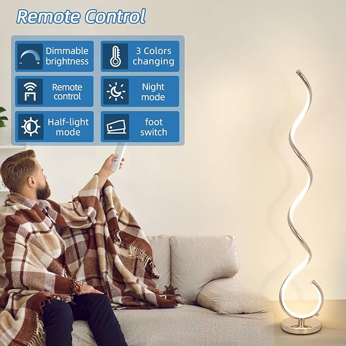 EIDISUNY Modern Spiral Floor Lamp for Living Room, Bedroom & Office - 3 Color Temperature LED with Remote & Foot Switch, Dimmable 48W (Gold)