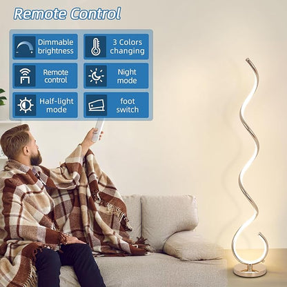 EIDISUNY Modern Spiral Floor Lamp for Living Room, Bedroom & Office - 3 Color Temperature LED with Remote & Foot Switch, Dimmable 48W (Gold)