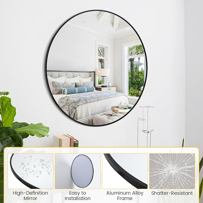 GarveeHome Round Mirror, 20 in Small Aluminum Alloy Circle Frame, High Definition Eco-Friendly Black Round Bathroom Mirror for Over Sink, Wall Mirror for Entryway, Bathroom, Vanity