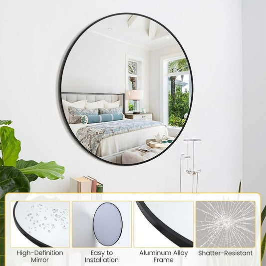 GarveeHome Black Circle Mirror for Bathroom, 30 Inch Aluminum Alloy Frame Round Mirror, High Definition Eco-Friendly Round Bathroom Mirror for Over Sink, Wall Mirror for Entryway, Bathroom, Vanity