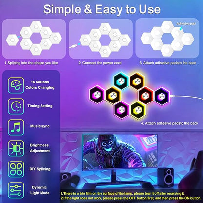 6 Pack Hexagon Lights Wall RGBW Panel - Hexagonal Led Lights Room Decor Wall Lights，with Smart APP Music Sync Honeycomb Shape Panels Hexagon for Gaming Lights Bedroom Children Decor