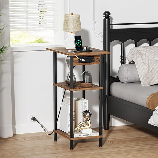 Asgolion Tall End Table with Charging Station, Skinny Nightstand with USB Ports and Outlets, 3 Tier Narrow Side Table with Storage for Bedroom, Living Room, Office, Rustic Brown and Black